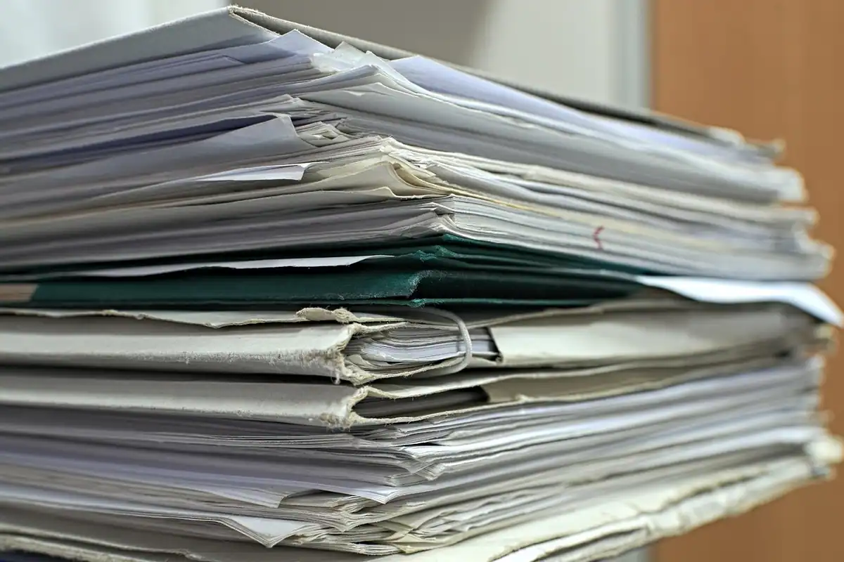 Teanc mare de dosare și hârtii, semn că buletinele vechi trebuie organizate