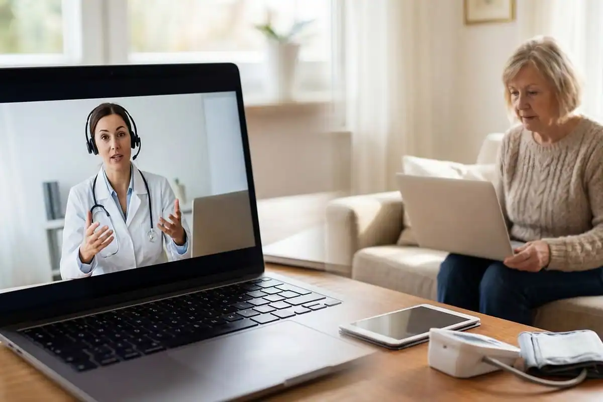Consultație online la laptop între o femeie în vârstă și un medic